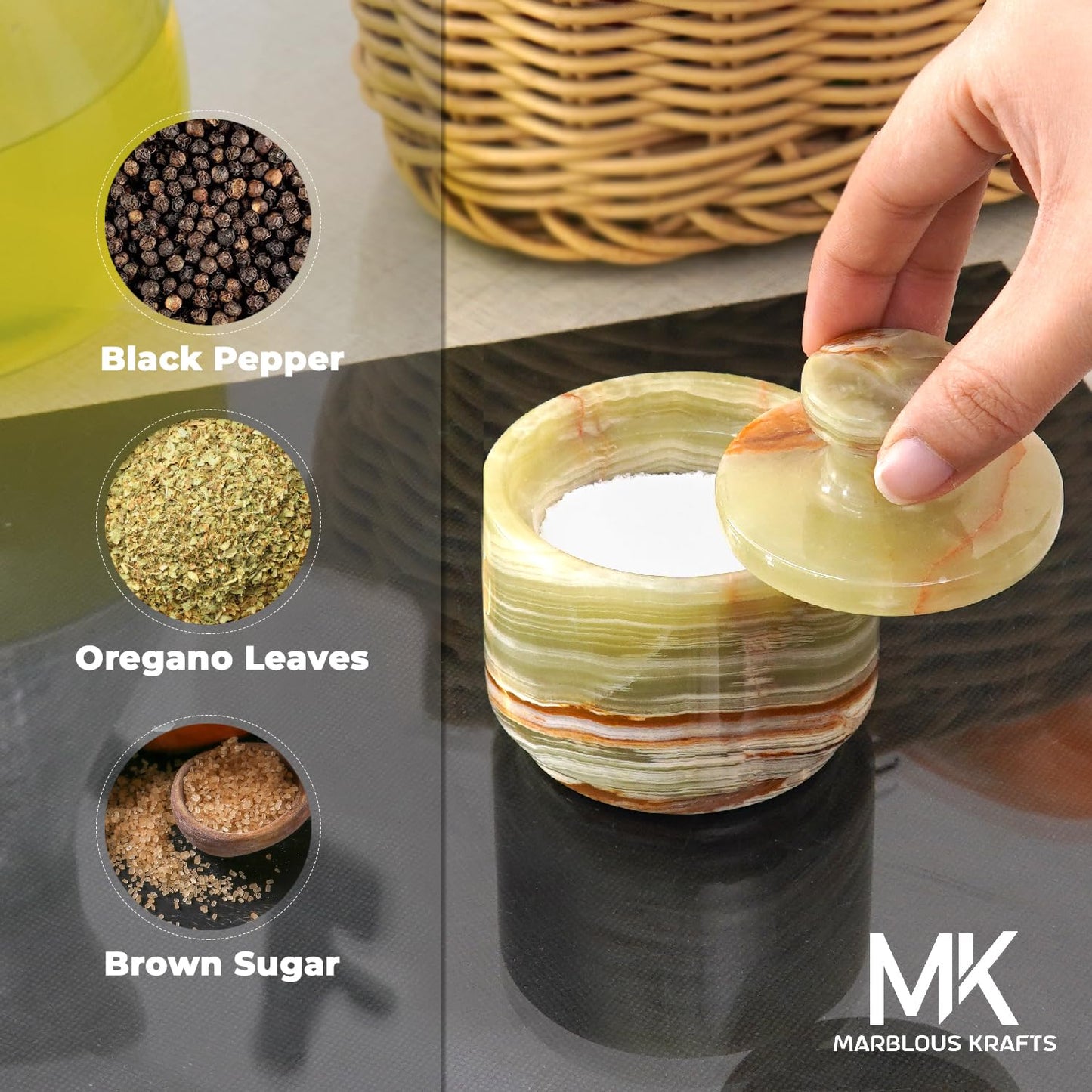 MARBLOUS KRAFTS Marble Salt Cellar with Lid 3" Inch Green Onyx Stone Salt Holder for Counter & Stone Salt Container, Salt Dish, Salt Box & Spice Jar, Ideal Mother’s Day Gift, Home Decor
