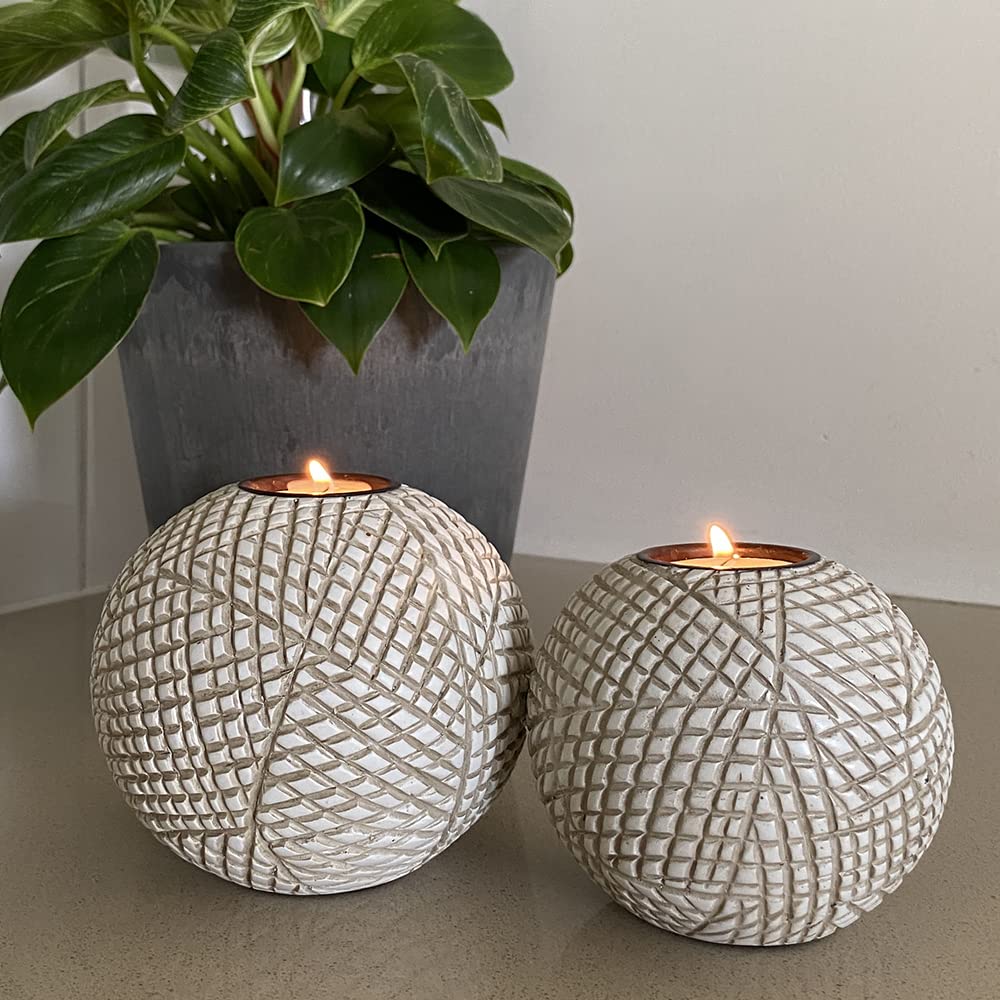 Luca Orb Tea Light Candle Holders (Gift Boxed Set of 2), Coffee Table, Console, Entryway or Fireplace Mantel Decor, Centerpiece for Dining or Living Room (Grid Pattern, Beige and White)
