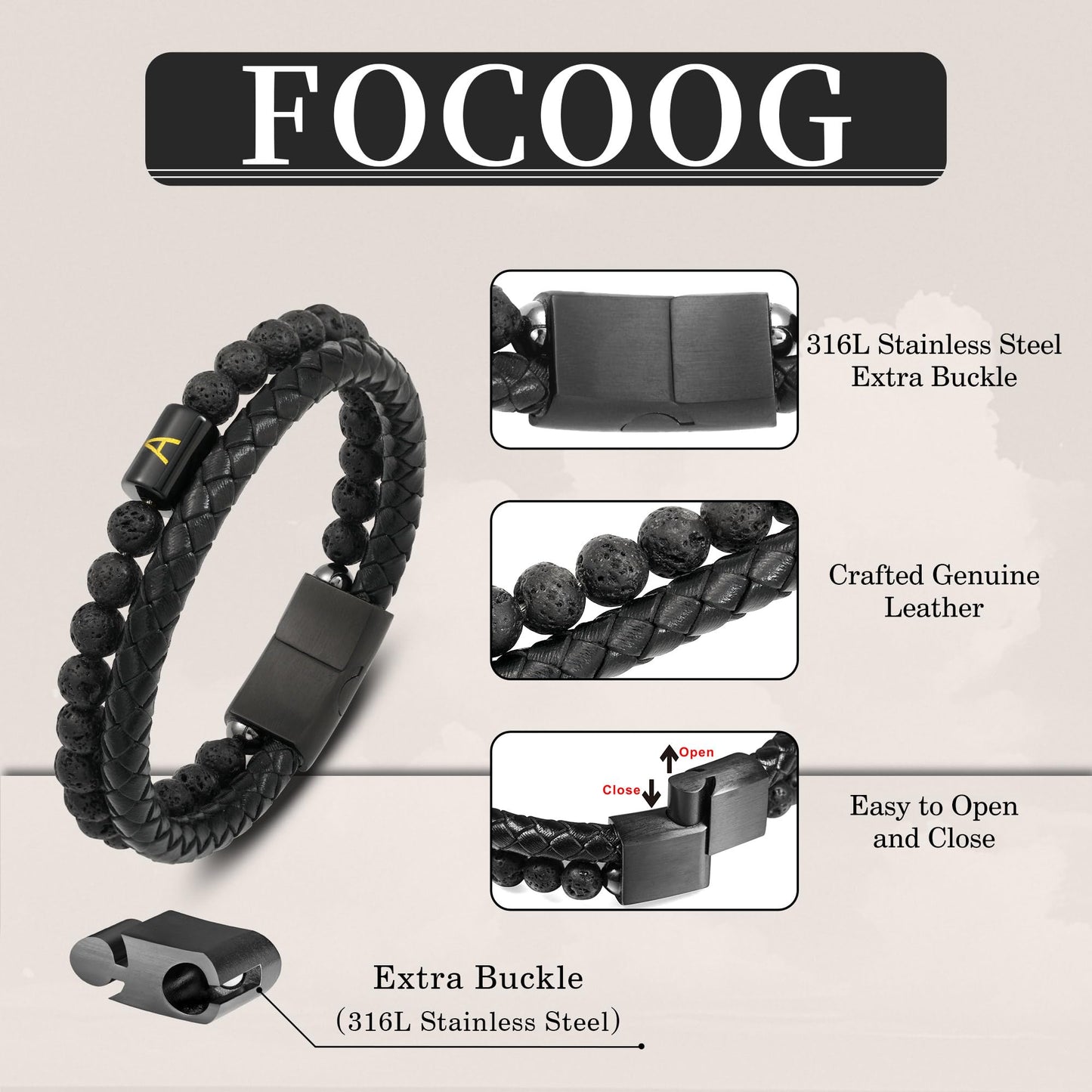 Leather Bracelets for Men - Mens Bracelet with Initial Lava Rock Bead Magnetic Clasp Black Mens Leather Bracelets for Men Gifts Black Initial M Bracelet for Men's Jewelry Men's Gifts for Dad Husband