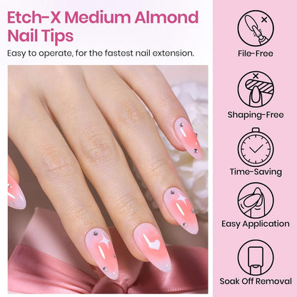 Beetles Gel Nail Kit Short Almond with Nail Dehydrator and Primer, 576Pcs Half Matte Etch-X Gel Nail Tips Solid Nail Glue Mini Nail Lamp Acrylic Nail Tips Easy DIY Nail Extension Set Gift for Women