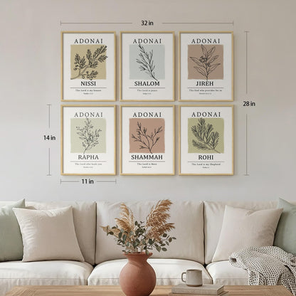 Framed Christian Scripture Wall Art, Set of 6 Minimalist Bible Verse Prints, Names of God Faith Based Neutral Boho Botanical Leaf Artwork for Bedroom Living Room Office Hallway Home Decor, 11x14 Inch