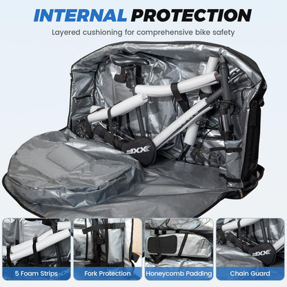 Exquimac Bike Travel Case & Bike Travel Bag - Bicycle Pro Transport Equipment for Air Flights - Oversized Capacity, Waterproof Fabric with 4 Aluminum Support Bars, Wheel Protection Tubes & YKK Zippers