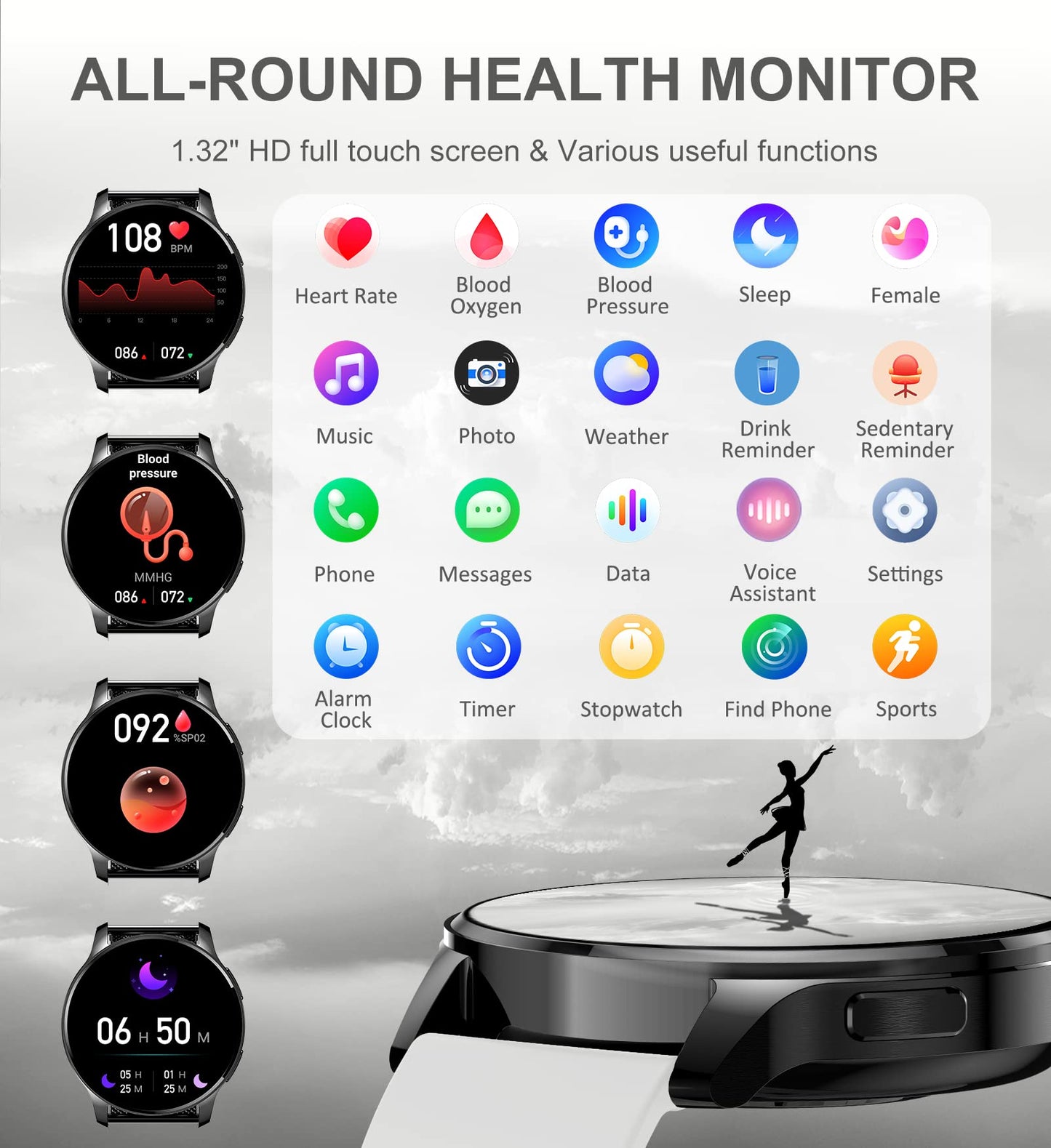 Smart Watch for Women Men, Bluetooth Call Fitness Tracker for Android and iOS Phones Waterproof Smartwatch with 1.32" HD Full Touch Screen AI Voice Control Heart Rate Sleep Monitor Pedometer, Black