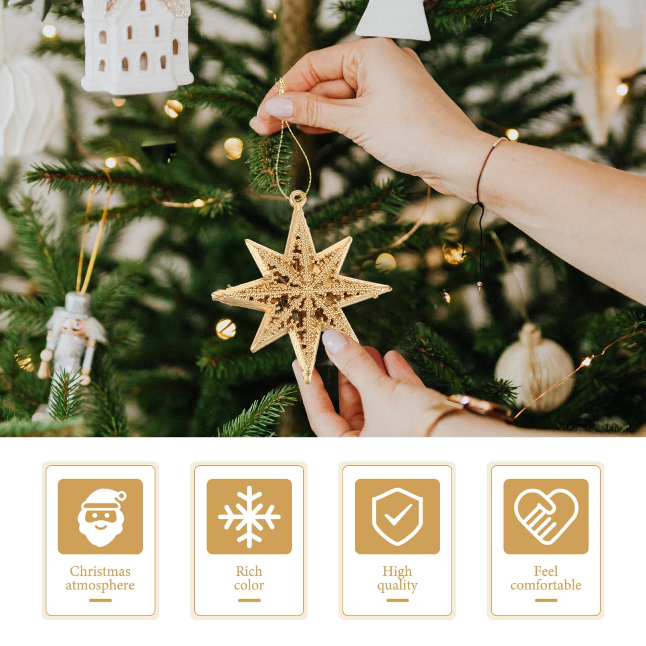 Gold Star Pendant Christmas Ornaments Set Mini Hanging Decorations for Christmas Tree Holiday Party Home 3.38 Inch Lightweight Plastic Star Decor