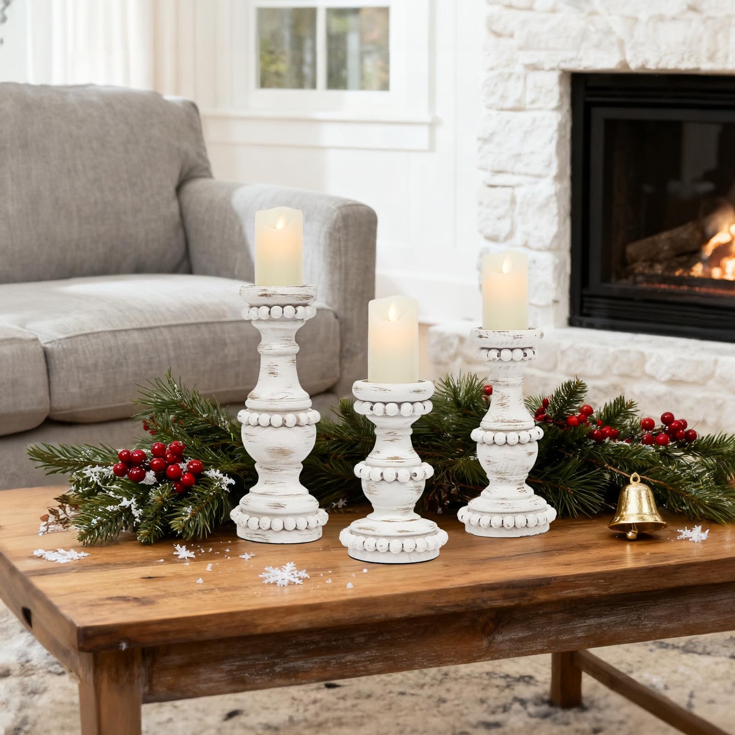 JUMBO DECOR Farmhouse Large Candle Holders for Pillar Candles, Rustic Wooden Beaded Candle Holder, Perfect for Table Centerpieces, Coffee Table or Fireplace Mantel, 3 Piece Set (White)