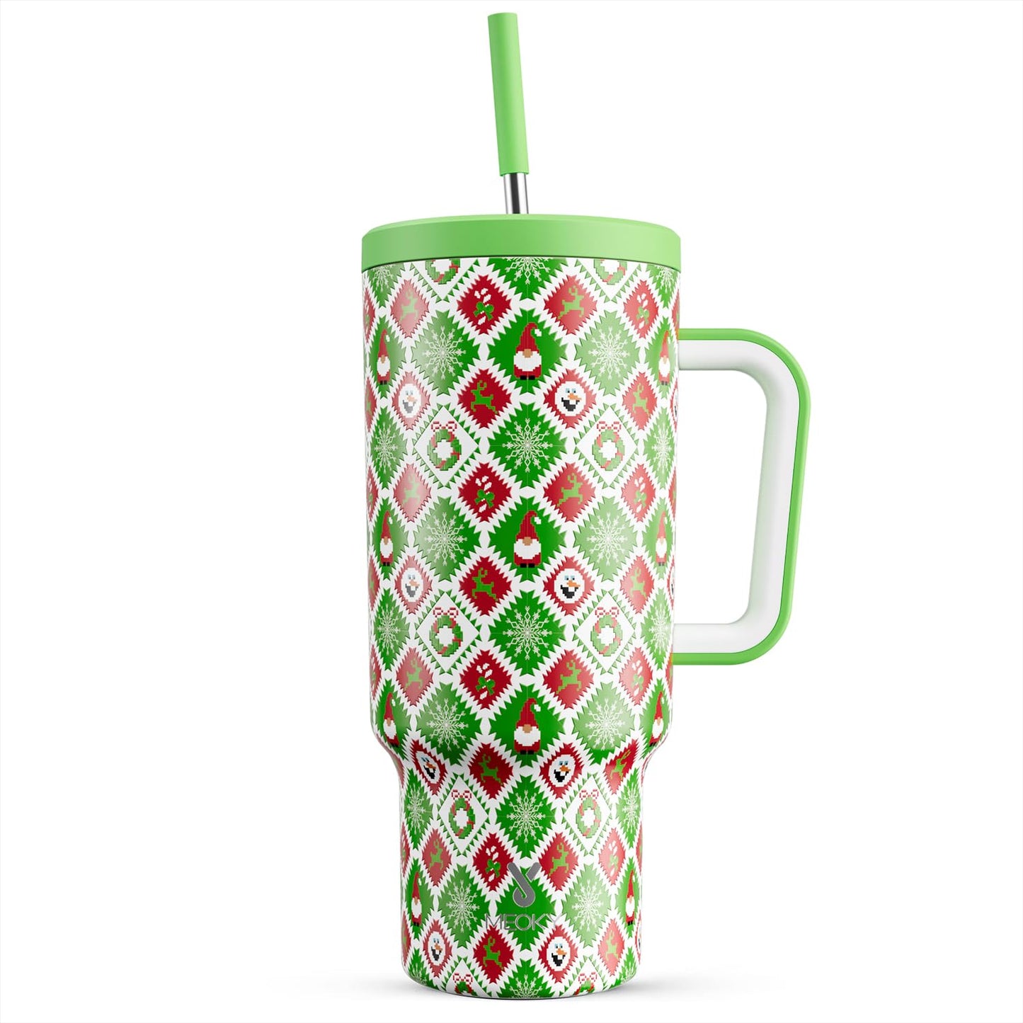 Meoky 40 oz Christmas Tumbler with Handle and Straw, Xmas Tumbler with Lid and Straw, Insulated Stainless Steel Travel Mug, Christmas Gifts for Women Men Adults (Snowy Santa)