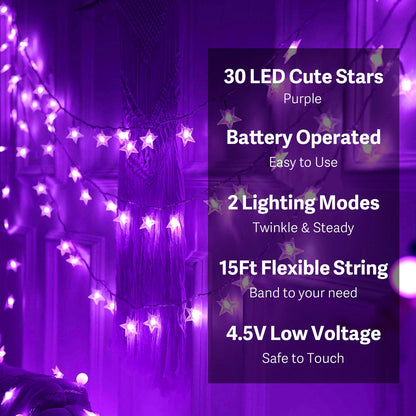 ITICdecor Star Lights 15 FT 30 LED Battery Operated Indoor&Outdoor Twinkle Fairy String Lights for Xmas Tree (Purple)