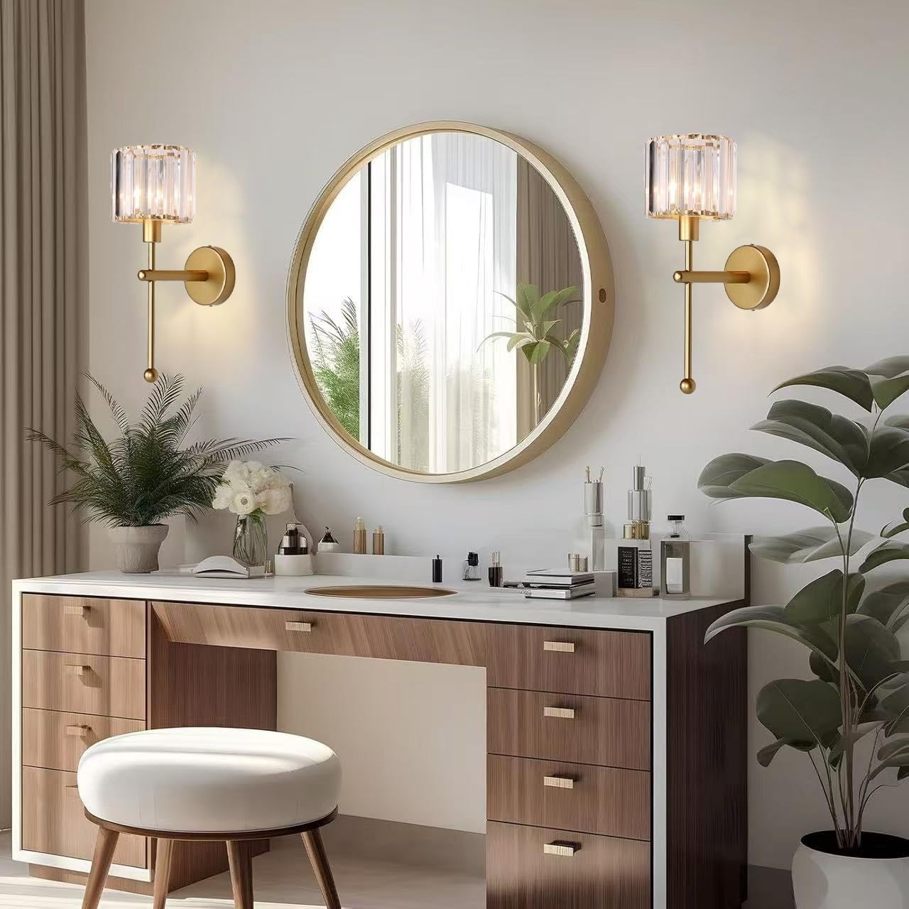 SADOVC Modern Glass Crystal Wall Sconces Battery Operated Set of 2, Gold Rechargeable Wall Lights with Remote,Non Hardwired Clear Wall Lighting Fixture Brass for Bedroom Bathroom Living Room Porch