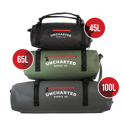 Uncharted Supply Co. The Vault Waterproof Duffel Bag - Airtight bag with Backpack Straps, Carry-On Size, Perfect for travel, boating, camping, recreation. (Gunmetal, 65L)