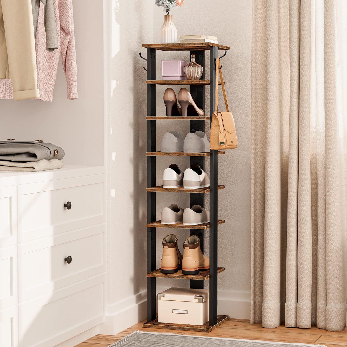 HOOBRO 8 Tiers Vertical Shoe Rack, Wooden Shoe Storage Organizer with Hooks, Narrow Shoe Tower for 8 Pairs, Space Saving, for Entryway, Living Room, Bedroom, Rustic Brown BF07XJ01G1