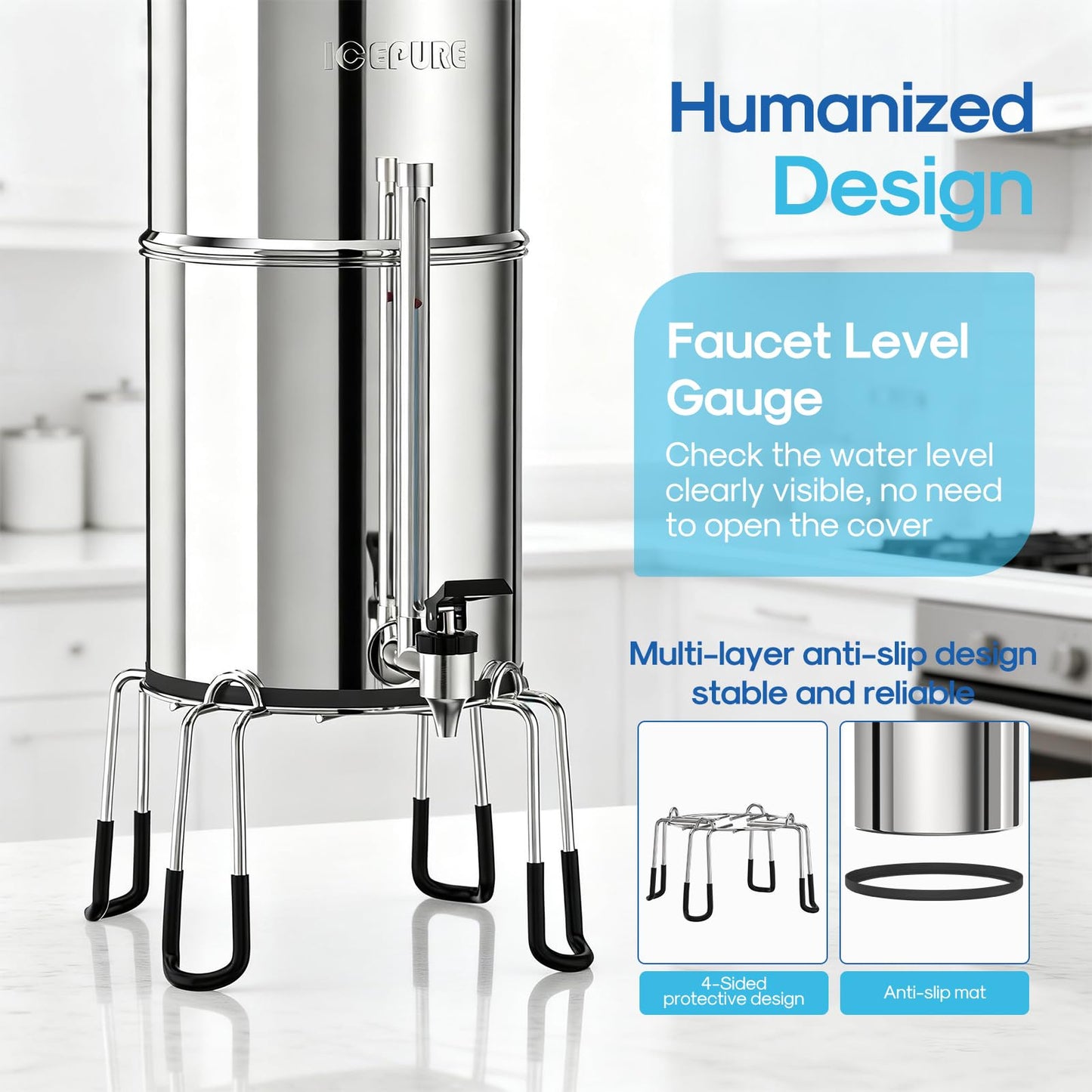 ICEPURE 2.25G Gravity-fed Water Filter System with Sight Glass Spigot, 304 Stainless Steel Countertop System, 2 Black Carbon Filters and Stand, Reduce 99% Chlorine, Lead for Home, Camping, Emergencies