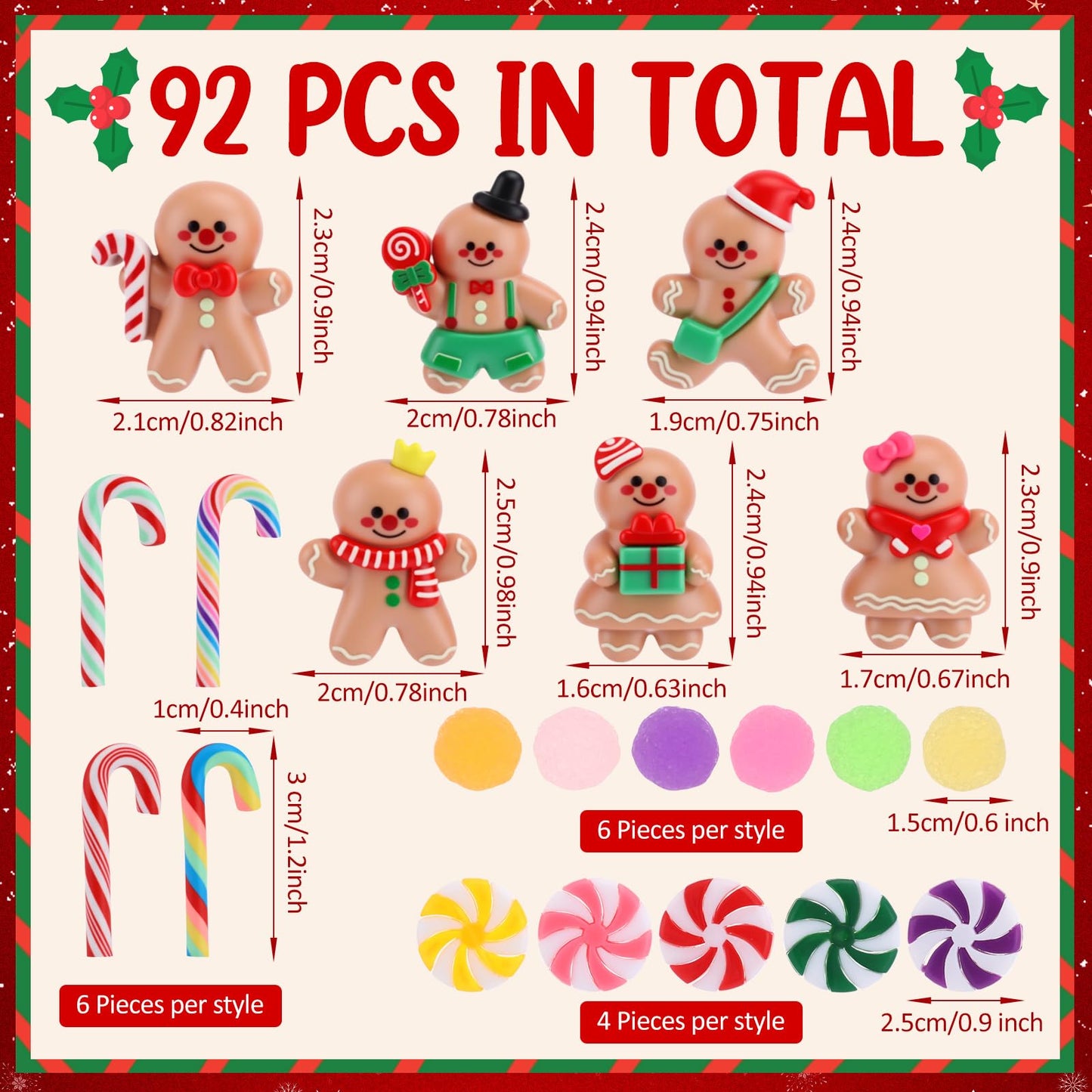 JolliLudo 92 Pcs Mini Christmas Candy Canes for Crafts Plastic Christmas Fake Candy Decor Gingerbread Man Rainbow Peppermint Gumdrops Ornaments for Xmas DIY Craft Party Decor Supplies