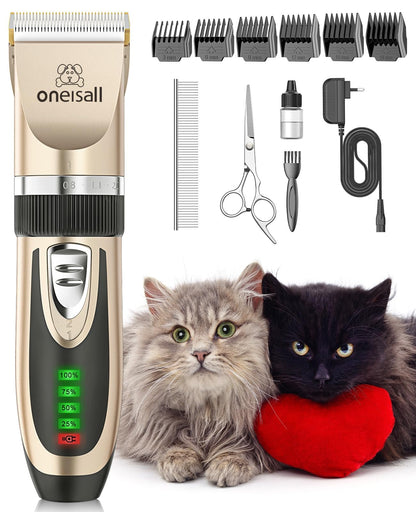 oneisall Quiet Cat Clippers for Matted Hair, 2-Speed Cordless Cat Grooming Kit Low Noise Pet Clipper Shaver for Dogs Cats Animals (Gold)