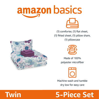 Amazon Basics 5-Piece Soft, Easy-Wash Microfiber Kid's Bed-in-a-Bag Bedding Set with Sheet and Comforter, Twin, Bluish Flowers