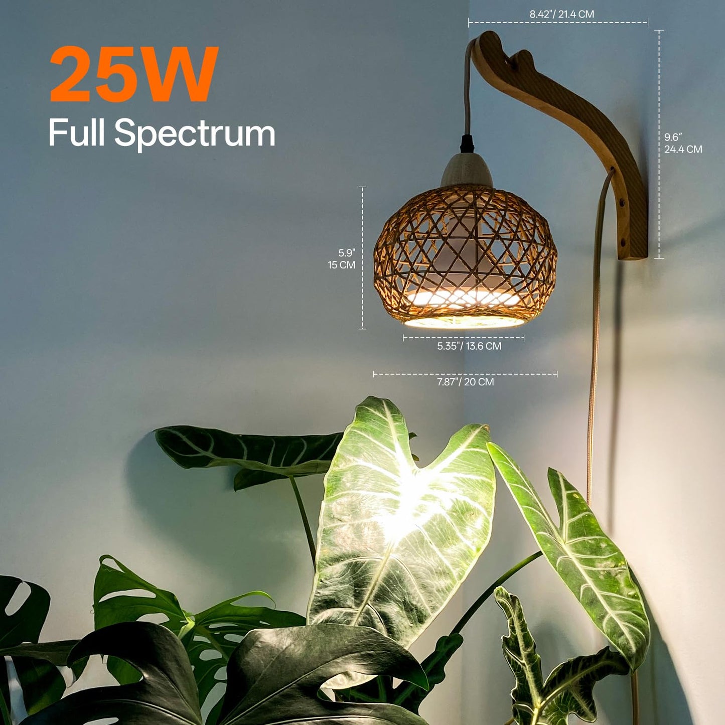 Bstrip Hanging Grow Lights for Indoor Plants, 18W Full Spectrum Plant Light, Boho Rattan Lantern Shade, 3800K Wall-Mounted Decorative Grow Light with 9.8FT Power Cord for Indoor Plant Growing, Flowers