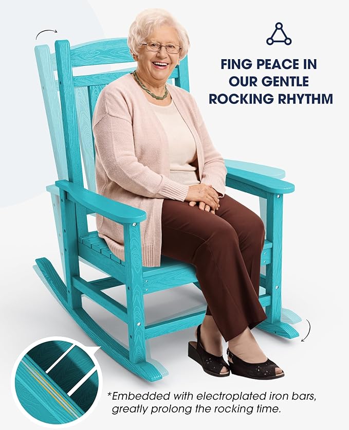 KINGYES HDPE Rocking Chairs Outdoor, Patio Rocking Chairs with 330lbs Support, Smooth Porch Rocker for Deck Lawn Yard, Aruba Blue