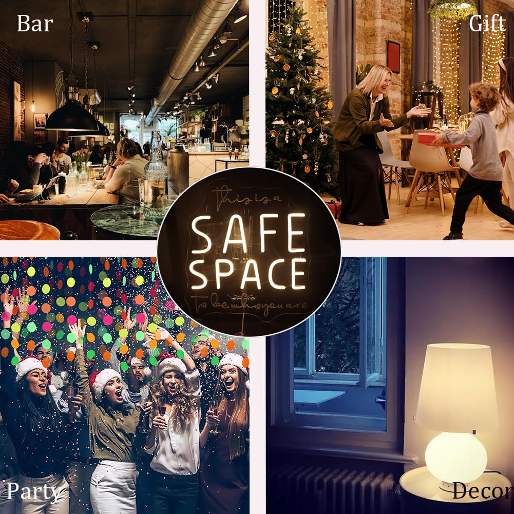 "This Is A Safe Space To Be Who You Are" Neon Sign, Positive Quotes Decorative Neon Lights for Home Room Wall Decor, Kids Room Wall Hanging Banners, Playroom Wall Decor Neon Light Sign(warm white)