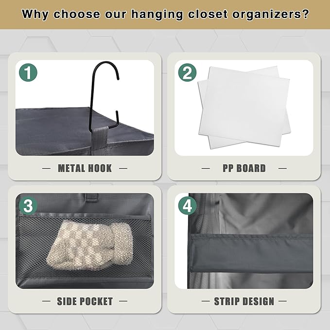 3-Shelf Hanging Closet Organizer and Storage, Foldable Hanging Closet Shelves