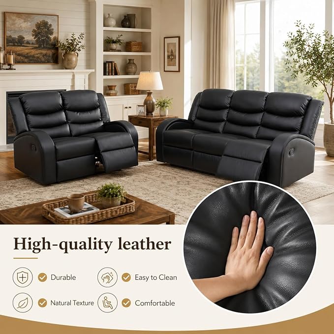 Recliner Sofa Set, 2 Piece Living Room Furniture Set, Leather Recliner Sofa