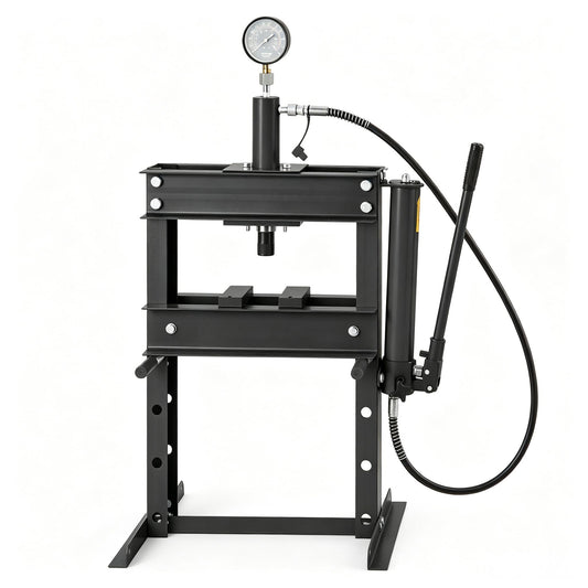 10 Ton Hydraulic Shop Press with Pressure Gauge & Plate, Heavy Duty H-Frame Benchtop Press with Height Adjustable Working Table for Auto Repair, Metalworking, Manufacturing, Black