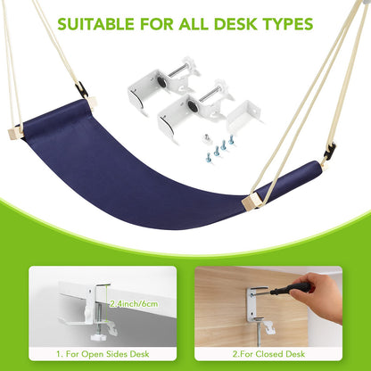 iMissiu Adjustable Office Foot Rest | Portable Under Desk Hammock with Headphones Holder (Blue)