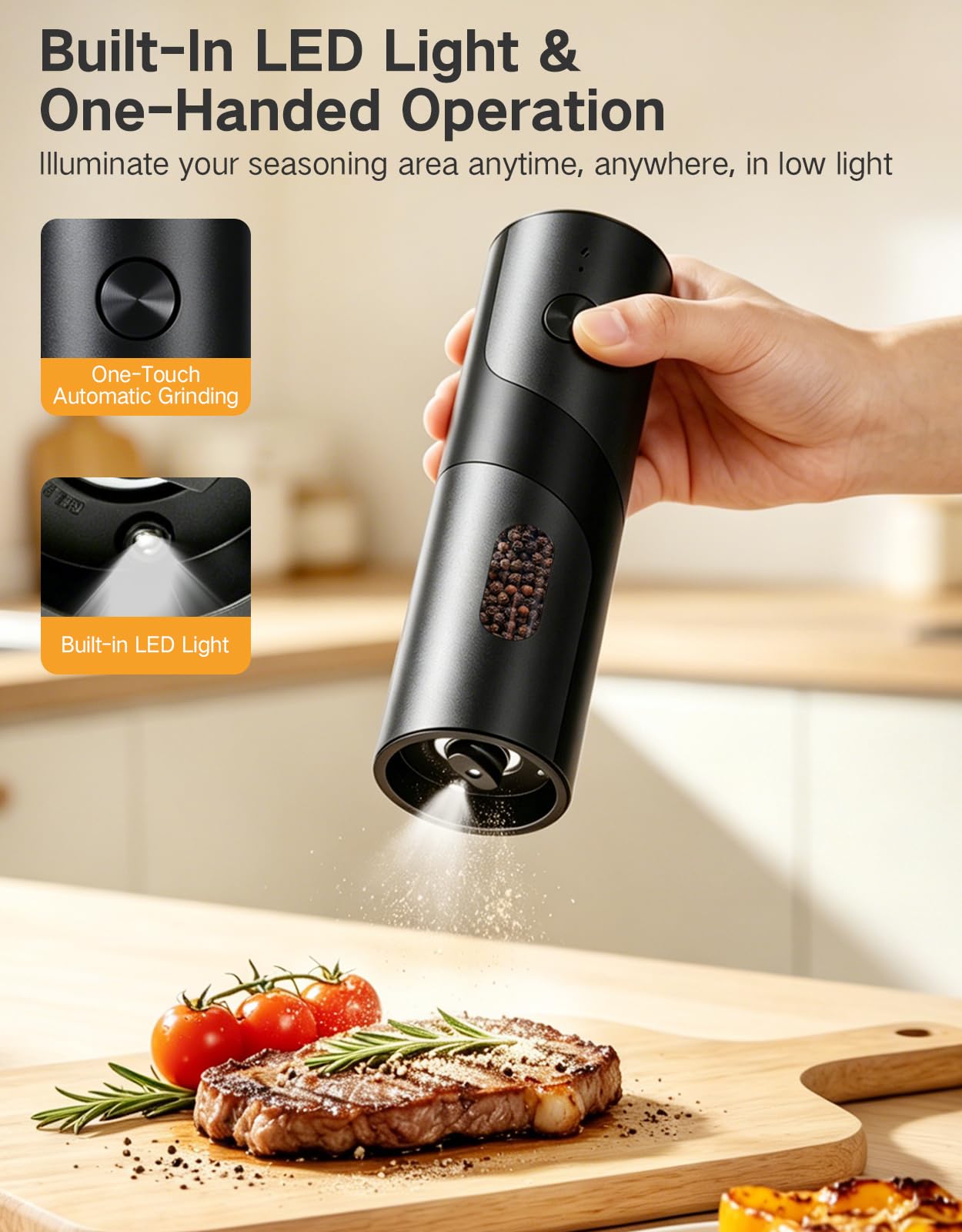 OUTONLIFE Electric Rechargeable Salt and Pepper Grinder Set, 110ml Large Capacity, USB-C with Charging Base, LED Light, Automatic Pepper Mills with Adjustable Coarseness, Ideal Gift for Kitchen, Home