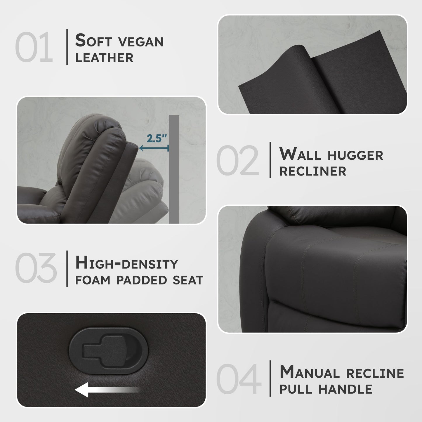 Lexicon Manual Recliner Sofa Chair, Home Theater Seating, Wall Hugger Manual Reclining Nursery Chair for Bedroom/Living Room/Office/Apartment, Dark Brown Faux Leather