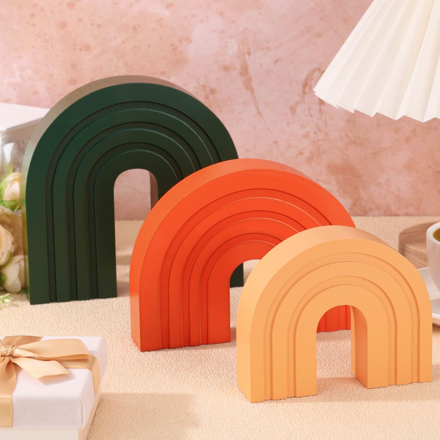 Set of 3 Boho Shelf Decoration Wooden Arch Decor Wood Rainbow Arch Mantel Book Ends for Table Living Room Office Nursery Home Aesthetic Decorations