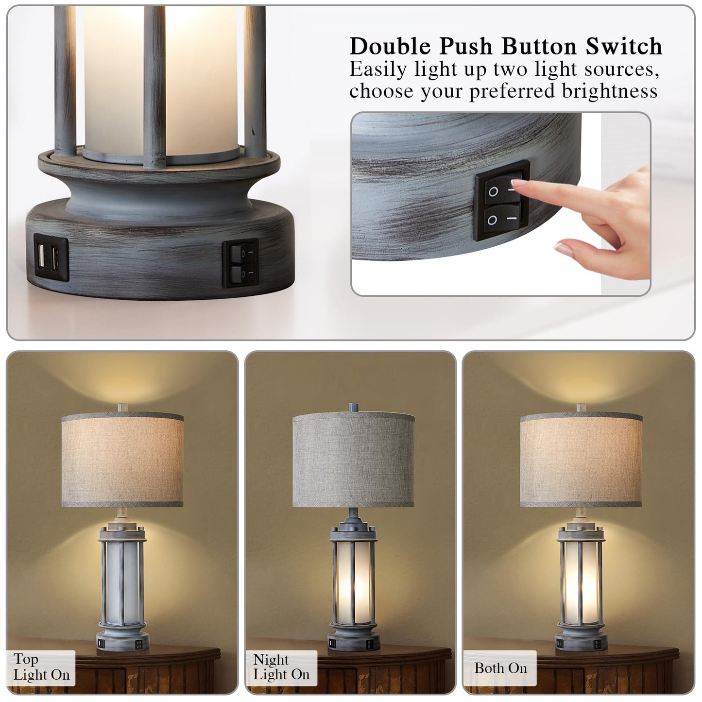 AIEAMPDO Set of 2 Rustic Table Lamps for Living Room with 2 USB C+A Ports