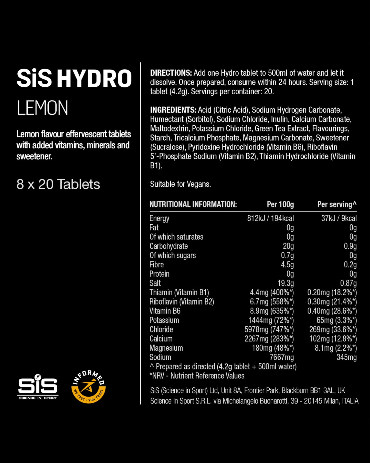 Science in Sport Hydro Electrolyte Tablets 160 pcs. Lemon – Vegan & Gluten-Free, Ideal to Promote Hydration and Maintain Electrolytes Balance (Packaging May Vary)