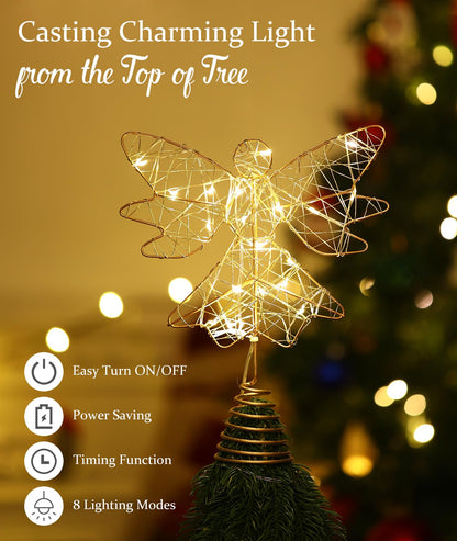 Roylvan Christmas Tree Topper Angel, USB-Powered Christmas Tree Light with Remote & 6H Timer, 3D Hollowed Angel Decoration for Xmas Trees Home Decor Outdoor Party, 9.8 Inch (H), Gold