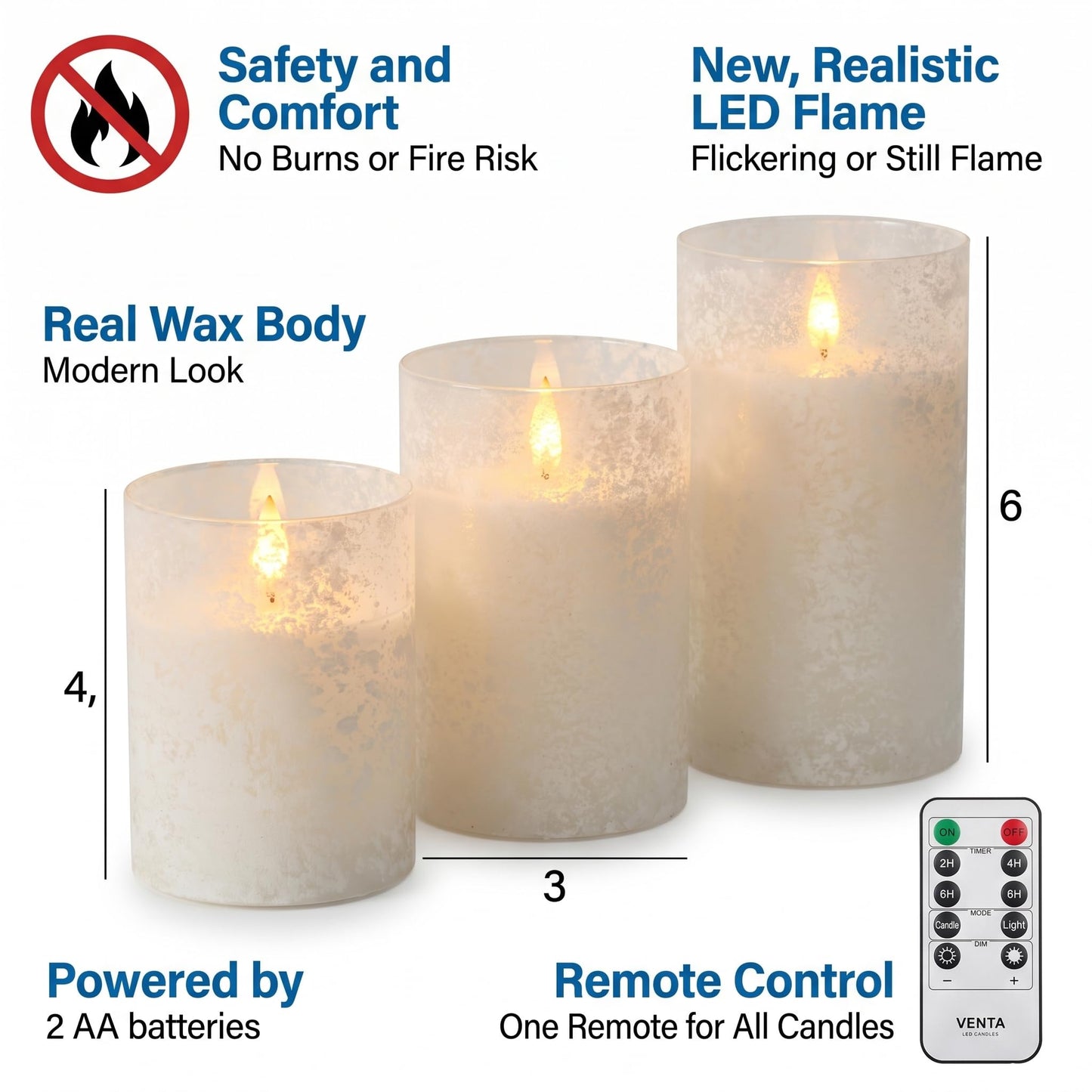 VENTA Frosted Glass LED Candles, Set of 3 | Warm Amber Flickering Pillar Candles with Remote | Creates Cozy, Relaxing Hygge Ambiance for Bedroom & Living Room