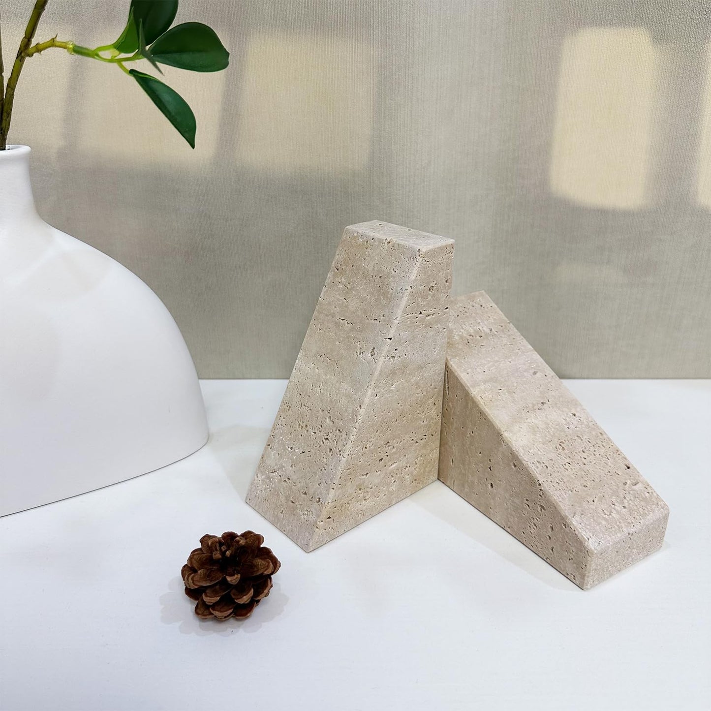 1 Piece Modern Travertine Bookend, Trapezoidal Design, Natural Stone Book Holders for Desk and Shelf (Trapezoidal - 1 piece)