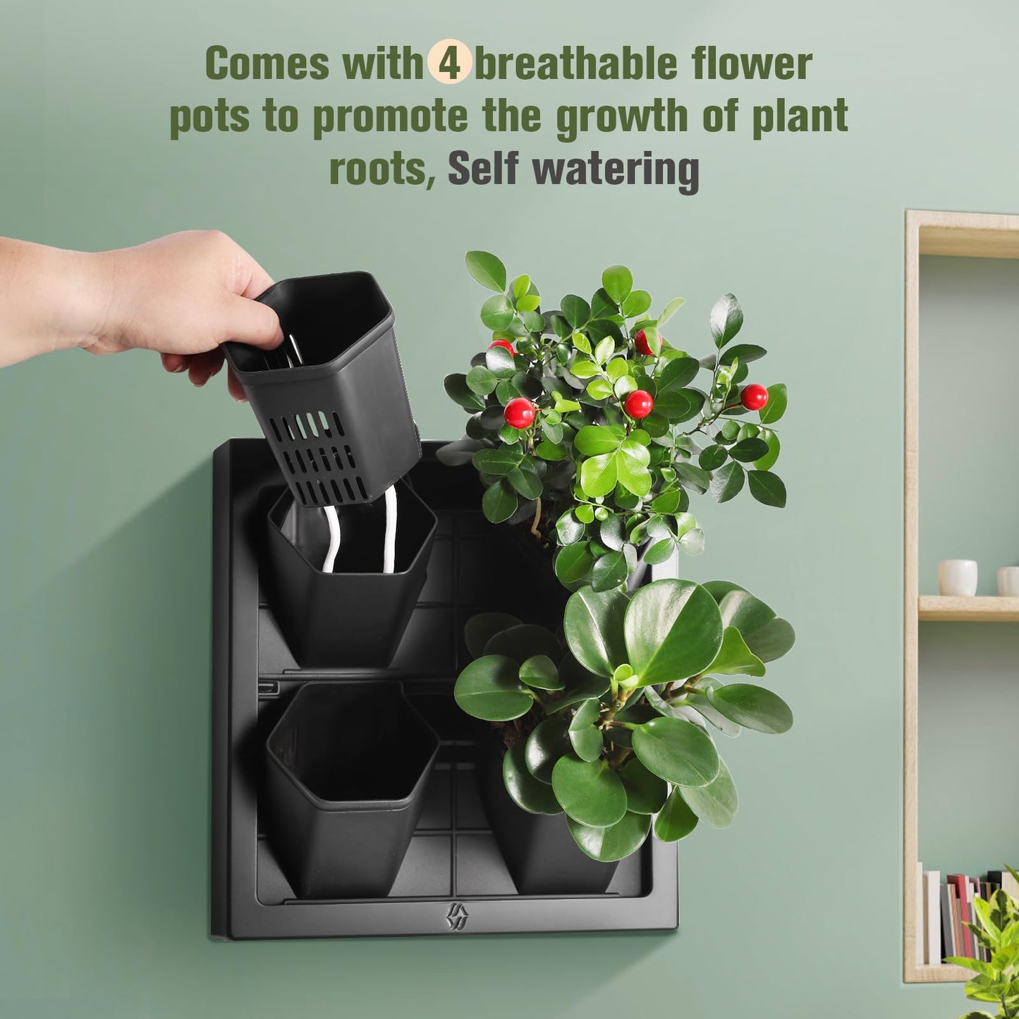 WHLZYEVA Wall-Mounted Vertical Garden Planter – Ready-to-Use Indoor Wall Planter with 4 Grow Pots – Perfect for Herbs, Succulents & Flowers – No Assembly Required(Black)