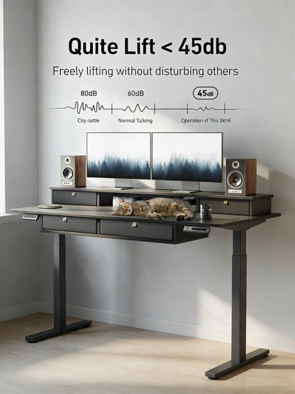CubiCubi 60" x 30" Standing Desk with Drawers, Height Adjustable Electric Workstation, Computer Sit Stand Up Table with Large Storage Shelf 4 Drawers and 2 Hooks, Black