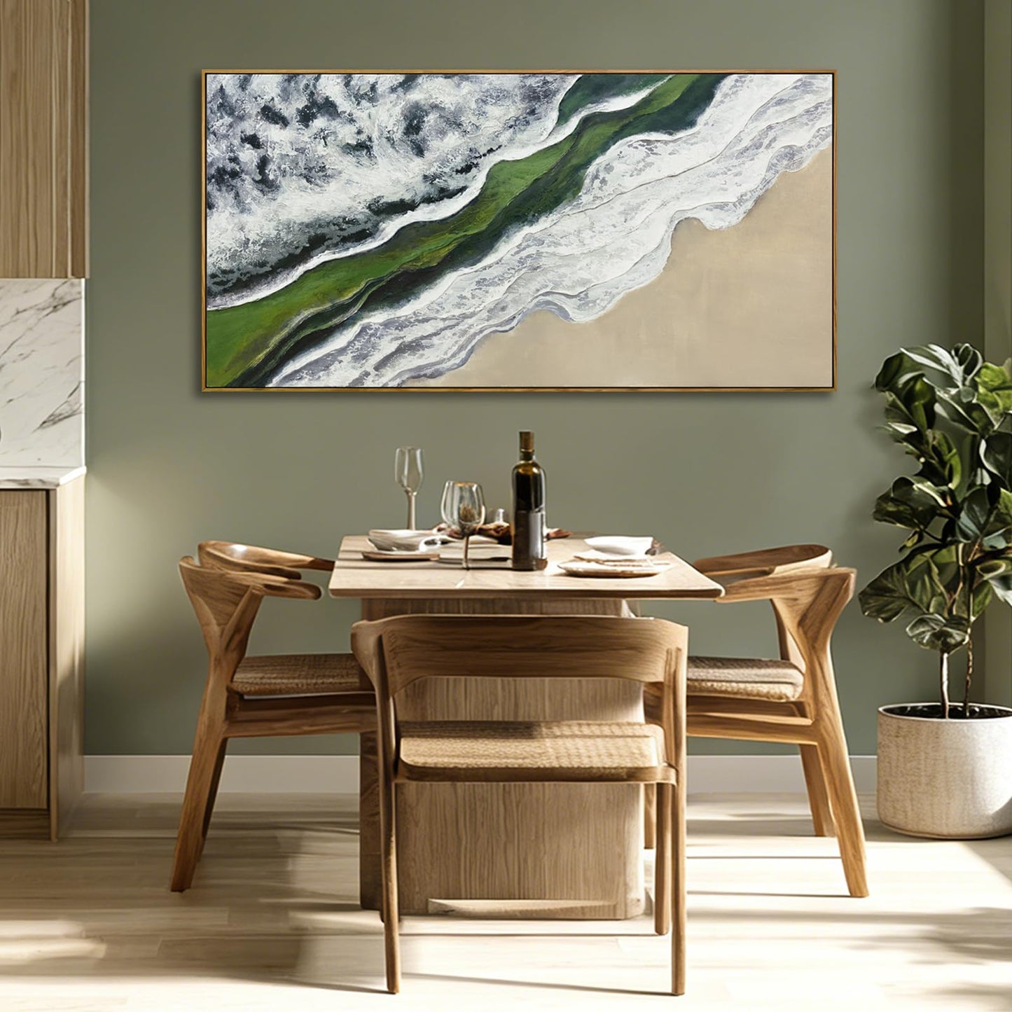 Sage Green Wall Art Abstract White Green Beach Wave Wall Decor Framed Canvas Prints Posters Pictures Artwork 24"x48" Ready to Hang