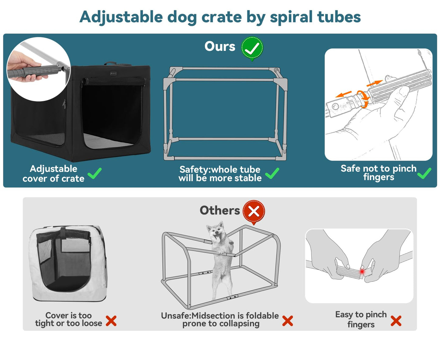 Petsfit Dog Crate, Sturdy Frame and Ventilation Mesh,Large Dog Crate for Car Travel,Fleece Mat Rolling Curtain Dog Carrier for Medium to Large Dogs