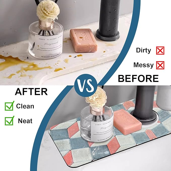 Red Gray Tile Sink Splash Guard Faucet Mat Red White Diamond Super Absorbent