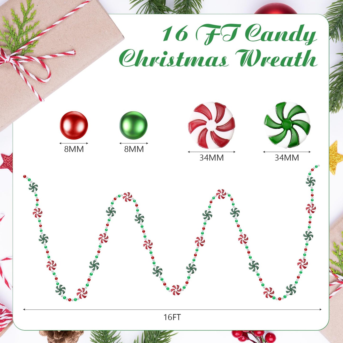LCPQMZGH 16 feet Christmas Candy Garland Acrylic Peppermint Candy Christmas Tree Garland for Holiday Party Decorations