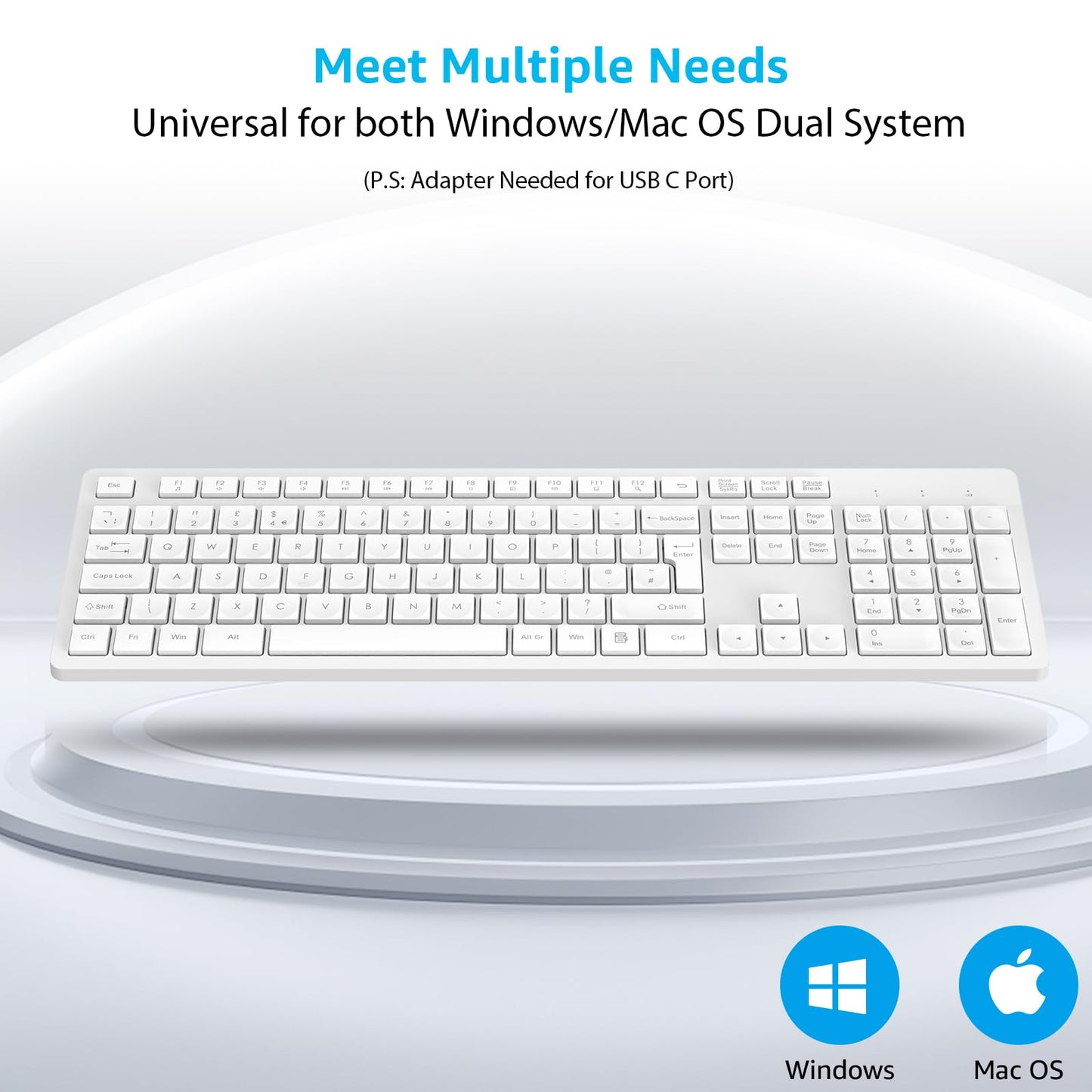 LeadsaiL Wireless Keyboard and Mouse Set, 2.4GHz USB Computer Keyboards and Mouse Combo, Soft Touch, Full Size UK QWERTY Layout with 12 Multimedia Shortcuts for HP/Lenovo Laptop and Mac-White