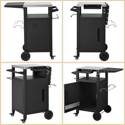 Merax Small Outdoor Grill Cart with Storage Cabinet & Drop Leaf, Outdoor Metal Bar Cart Pizza Oven Table on Wheels, Stainless Steel Top Outdoor Kitchen Island for BBQ Food Prep, Grill Cover Included