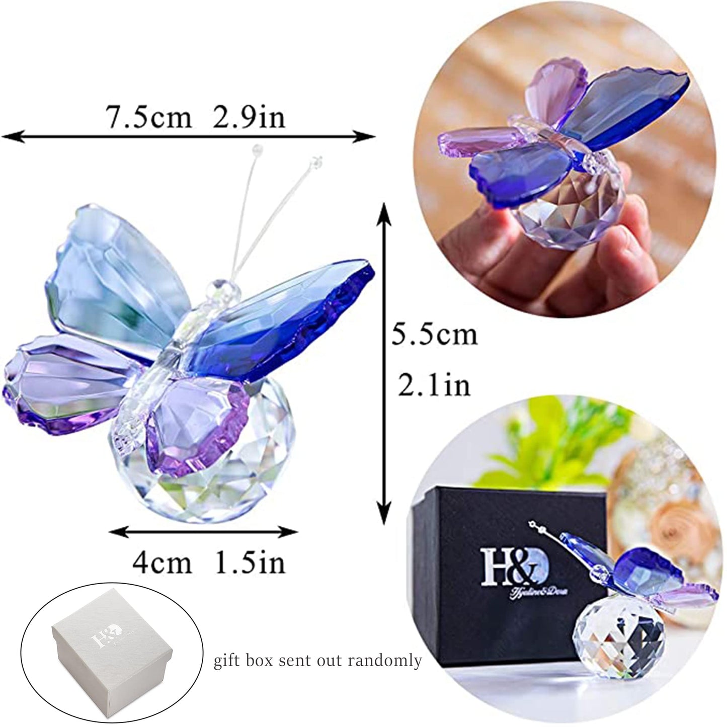 H&D HYALINE & DORA Crystal Cut Butterfly Animal Ornament and Purple Crystal Butterfly Figurine with Crystal Ball Base
