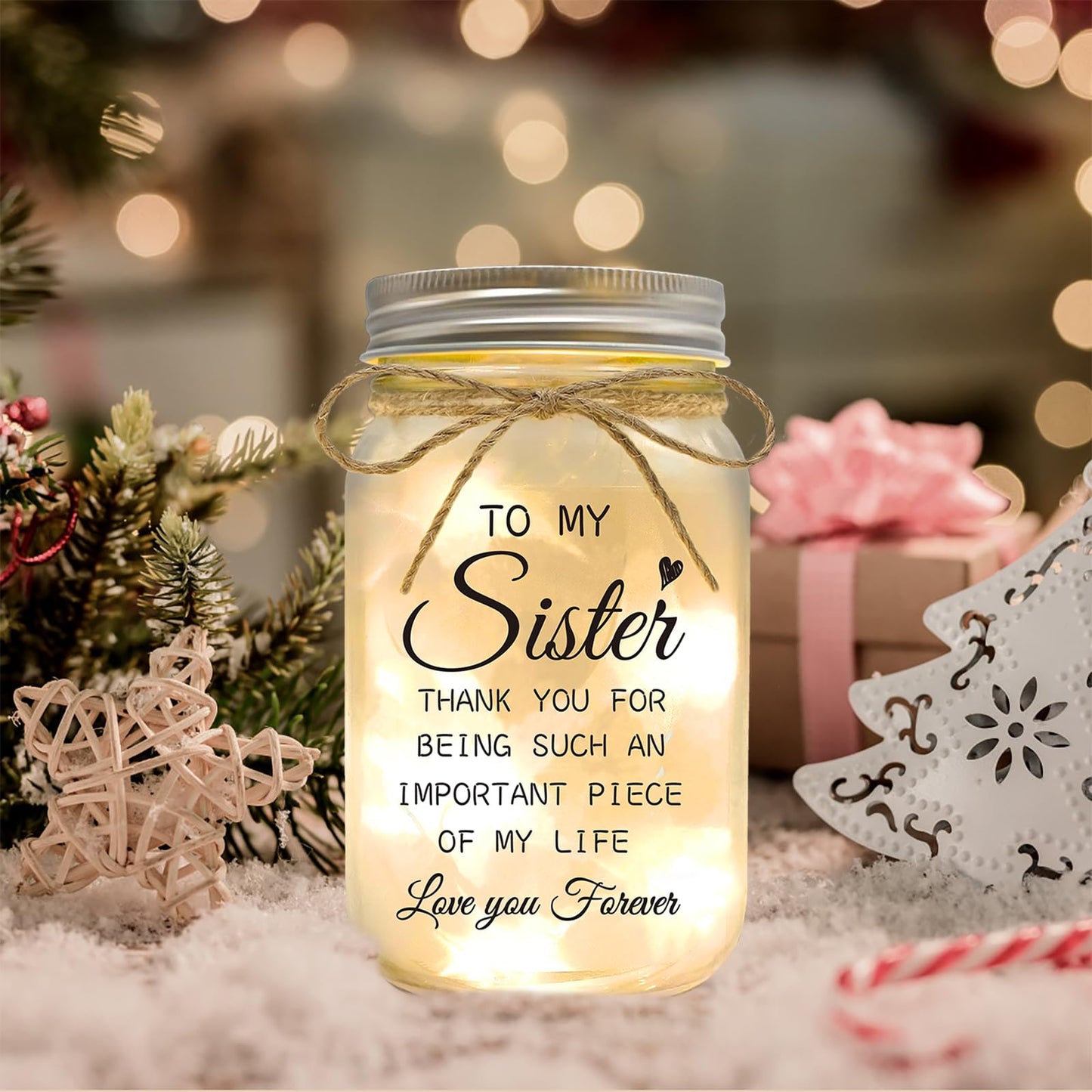 YOISTREVISK Sister Gifts - Mason Jar Night Lights with Warm Lights for Sisters, Unique Sister Birthday Gifts Ideas for Mothers Day Christmas Valentines Day, Heartfelt Home Decor Gift