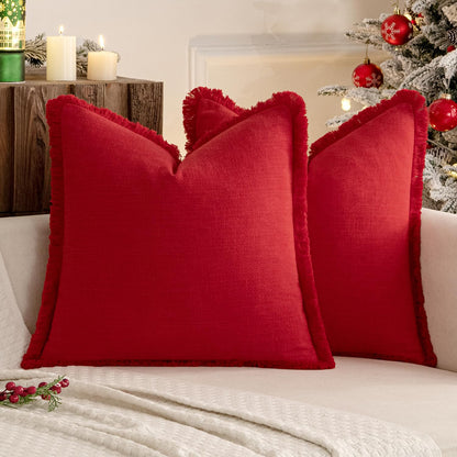 MIULEE Christmas Decorative Throw Pillow Covers Neutral Linen Fringe Fall Throw Pillows Set of 2 Natural Beige Boho Farmhouse Cushion Covers with Tassels for Couch Sofa Bed Home Decor 20x20 Inch