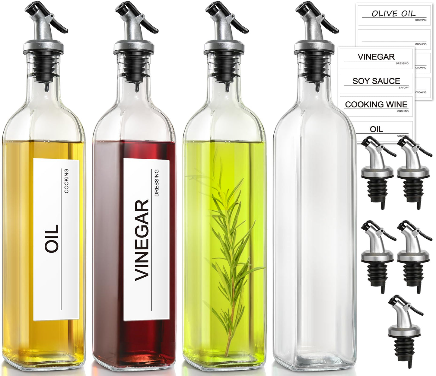 GMISUN Olive Oil Dispenser for Kitchen 4 Pack, Glass Oil Dispenser Bottle 17oz, Cooking Soy Sauce Bottle Container Cruet with Plastic Pourer Spout, Funnel and Labels, Clear