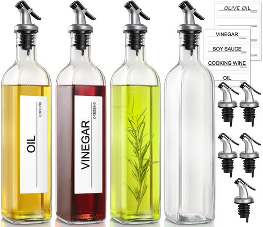GMISUN Olive Oil Dispenser for Kitchen 4 Pack, Glass Oil Dispenser Bottle 17oz, Cooking Soy Sauce Bottle Container Cruet with Plastic Pourer Spout, Funnel and Labels, Clear