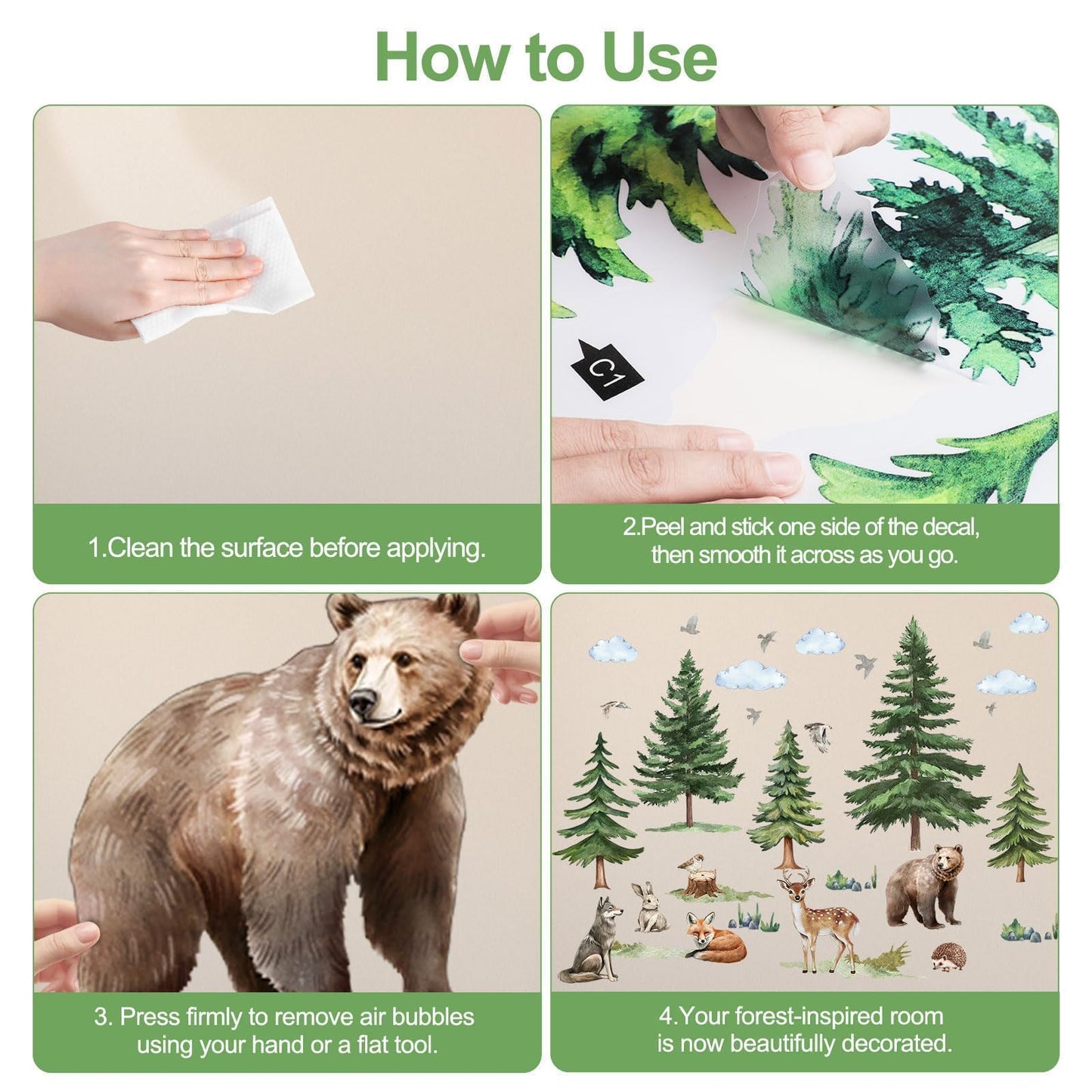 EEEKit Pine Tree Wall Decals with Animals, 48.3 x 35.4 Inch Forest Tree Wall Stickers, Woodland Wall Stickers for Living Room Bedroom, Christmas Decor