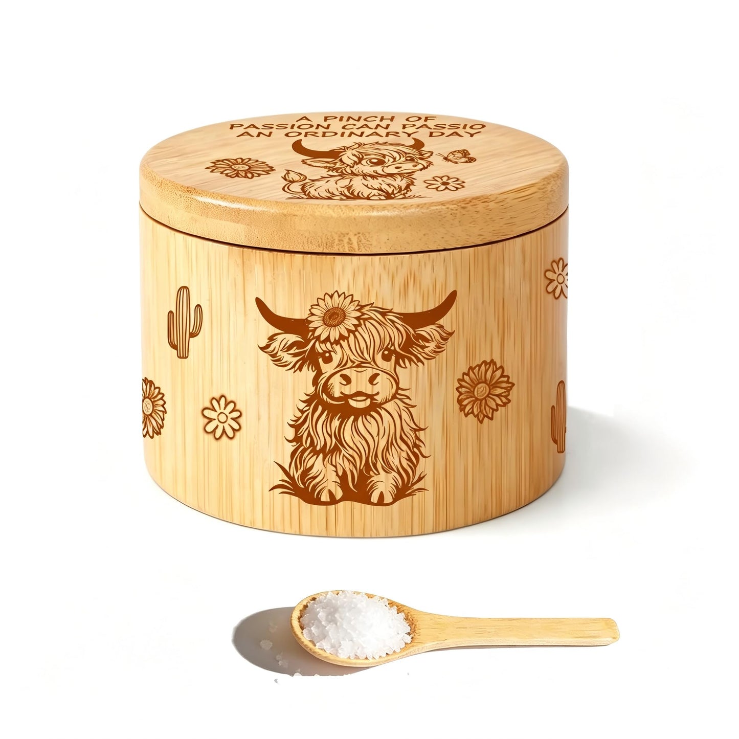 bxsgxin Bamboo Salt Cellar with Swivel Lid Highland Cow Salt Container Built-in spoon and magnetic clasp Ideal for salt, sea salt, pepper, sugar and spices（cow）