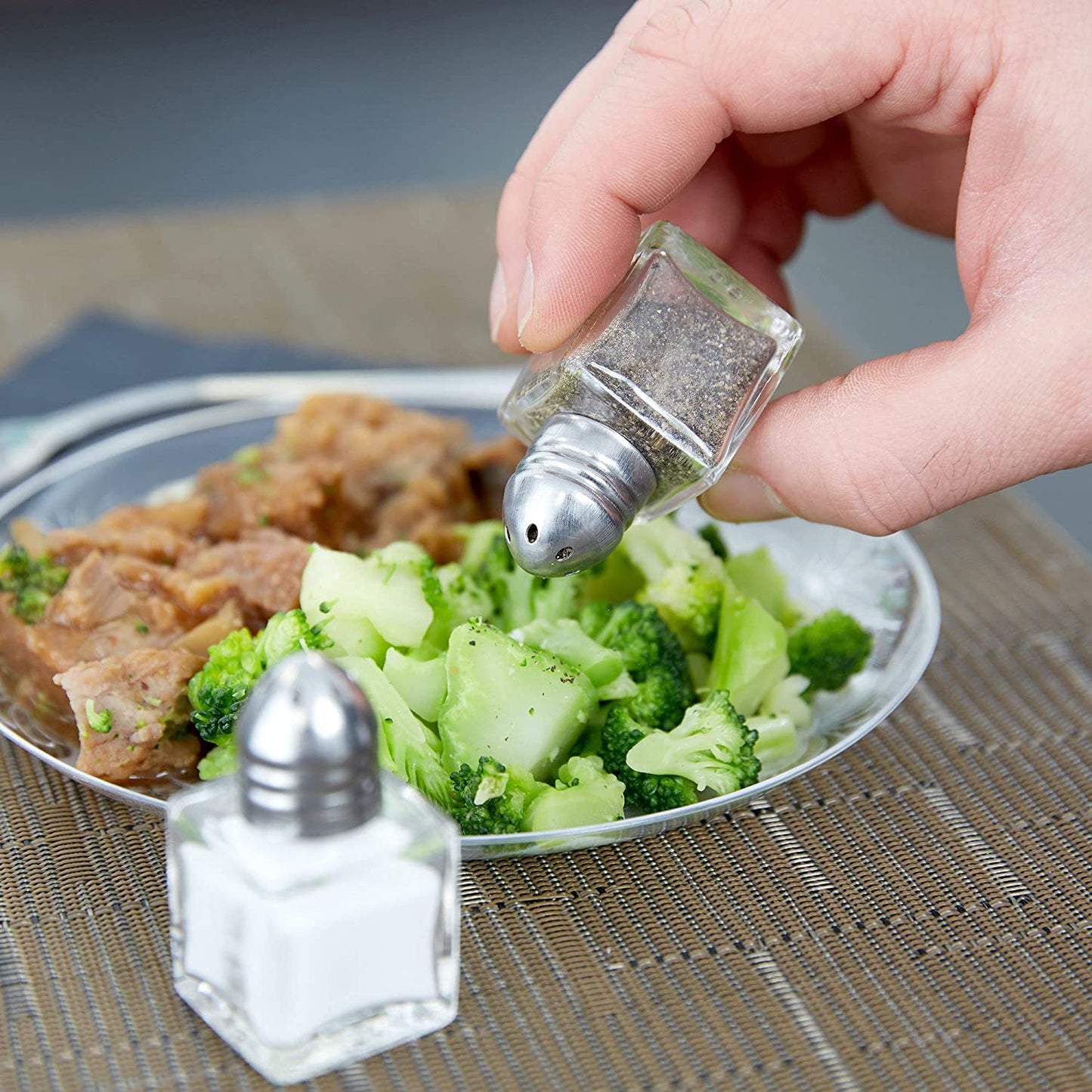 Pack of 4 Clear Glass Mini Cube Salt & Pepper Shakers with Stainless Tops and BONUS Easy Fill Funnel (Silver) by NetSellsIt