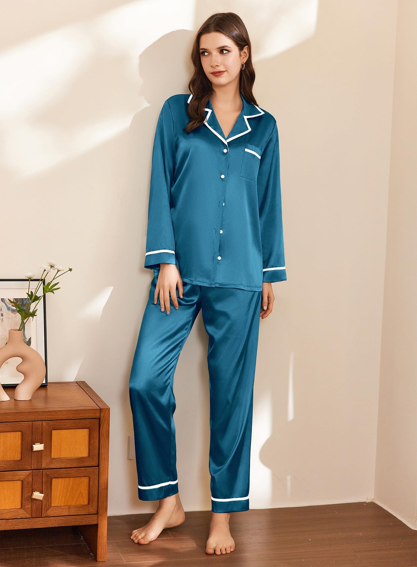 Ekouaer Satin Pajamas Set for Women Long Sleeve Pants Pj 2 Piece Lounge Set